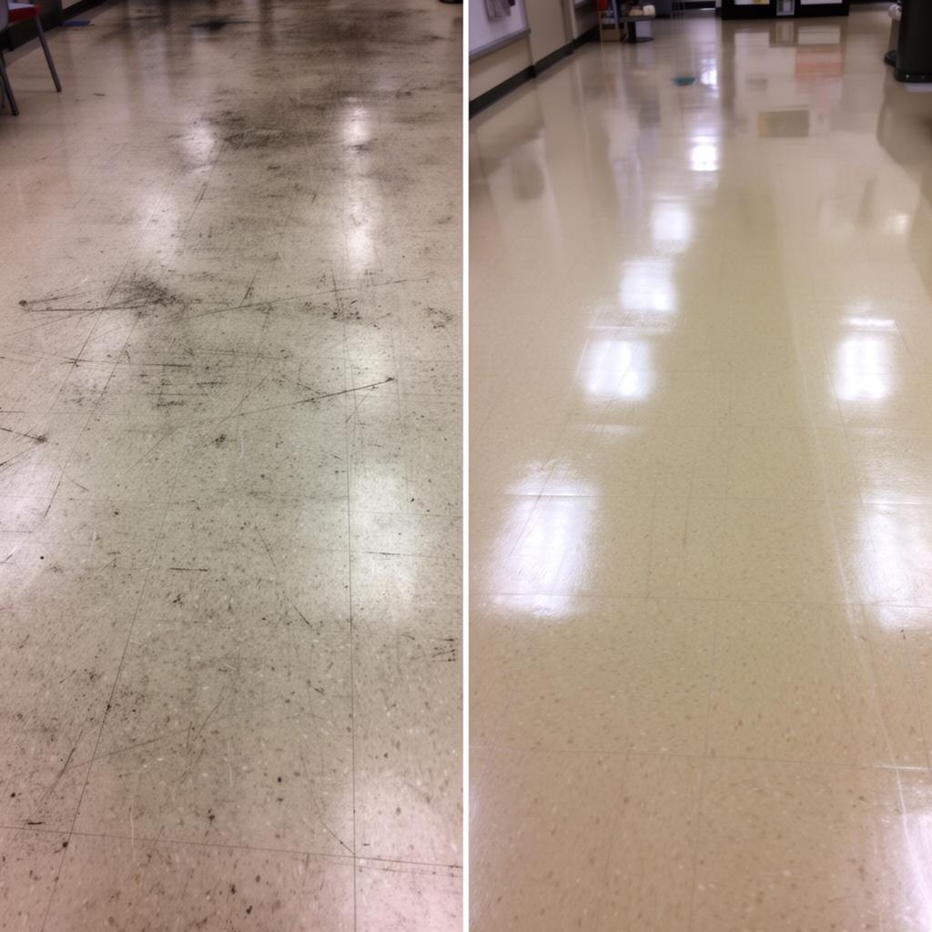 Before and after VCT floor strip and wax
